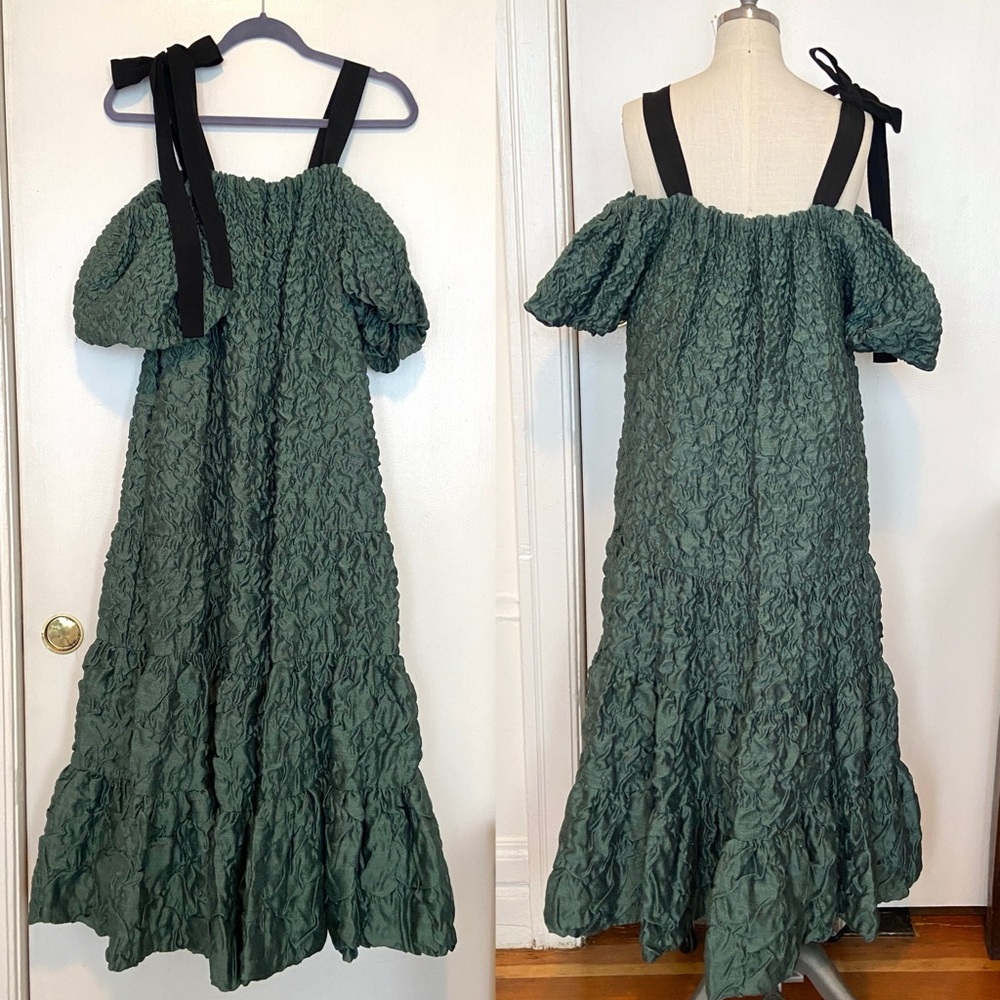 $1,600 Ulla Johnson Runway Francoise Green Wool Silk Smocked Gown - Picture 3 of 14